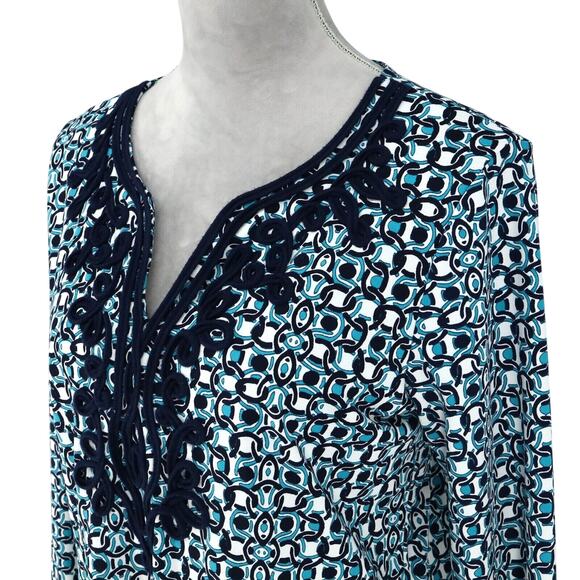 Pappagallo Top Womens Small Blue White Trimmed Neck Tunic Blouse Stretch Knit - Picture 8 of 13